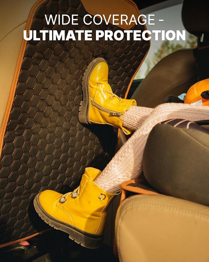 Owleys Premium Leather Car Seat Protector for Back Seat - Back Seat Cover for Kids - Car Kick Mat Back of Seat Protector for Kids Feet Car Seat Back Protector - 2 Pcs Hexy
