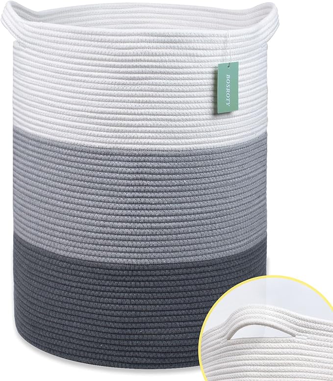 Large Laundry Hamper for Girls Boys Kids 72L, Nursery Hamper, Tall Laundry Basket, Cotton Rope Woven Blanket Basket for Storage Toys Clothes Towels, 16”x 22”, White & Gray