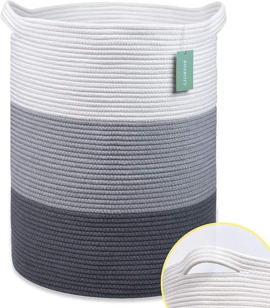 Large Laundry Hamper for Girls Boys Kids 72L, Nursery Hamper, Tall Laundry Basket, Cotton Rope Woven Blanket Basket for Storage Toys Clothes Towels, 16”x 22”, White & Gray