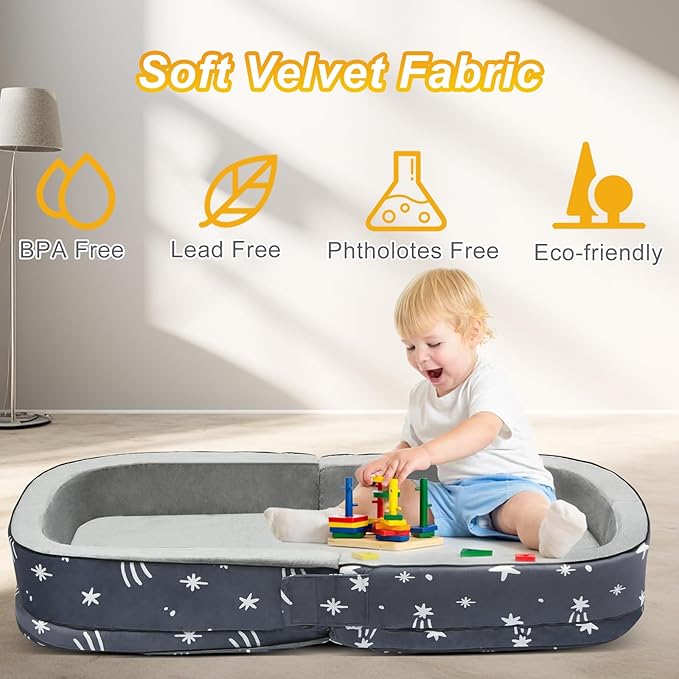 Portable Toddler Travel Bed, Foldable Kids Floor Bed for Home/Travel with Foam Mattres, Toddler Cot for Kids Aged 1-4, Velvet Fabric