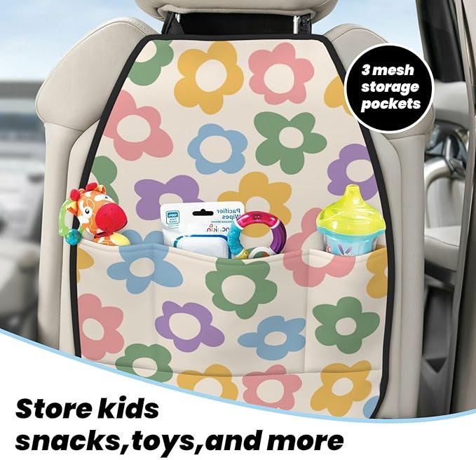 Vintage Groovy Flowers Car Kick Mats Back Seat Protector 2 Pack Auto Seat Back Covers with 3 Organizer Travel Accessories Universal Vehicle Interior from Dirt, Mud
