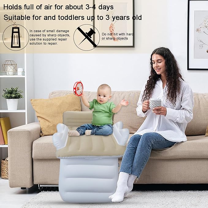 Inflatable-Toddler-Travel-Bed for Airplane Car Seat Portable Foldable Infant Travel Bed Baby Travel Crib with Sides,Hand Pump Safety Belt and Carry Bag Sets (Beige)
