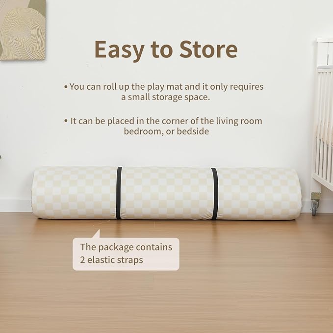 Large Vegan Leather Baby Play Mat for Floor,1.3"Thick Foam 59x82 Foldable Waterproof Kids Play Mat,Stylish and Just Wipe-Clean Playmat for Baby Play on Floor (Beige Checker)