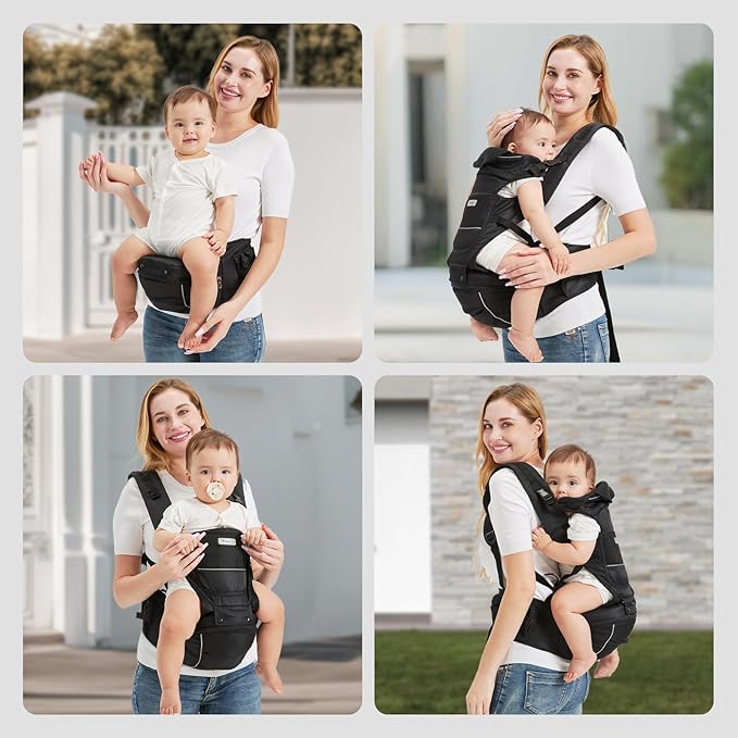 2-in-1 Baby Carrier Hip Seat - Front Back Hip Carry - Ergonomic M Seat Posture - Breathable Mesh - Newborn to Toddler 5-45 lbs (Black)