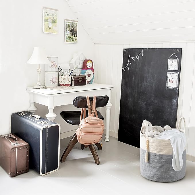 Mkono Woven Storage Basket Decorative Rope Basket Wooden Bead Decoration for Blankets,Toys,Clothes,PlantOrganizer Bin with Handles Living Room Home Decor, Grey and White, 16" W × 13.8" L