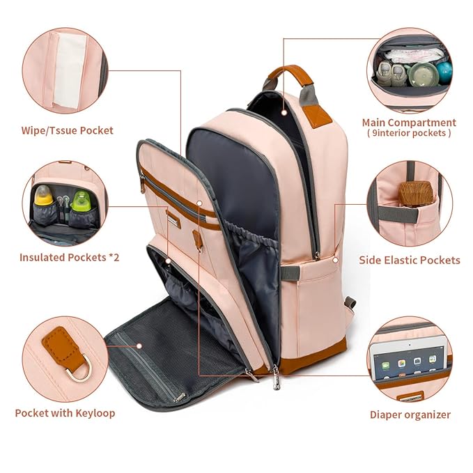 Diaper Bag Backpack, Large Baby Nappy Bags with Portable Changing Pad for Boys and GirlsMultifunction Travel Baby Bag for Moms Dads, Shower Gifts Waterproof and Stylish，Light Powder