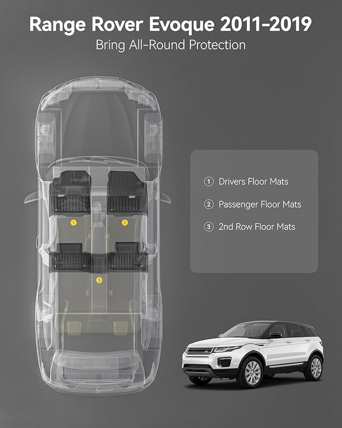 3W Durable TPE Black Floor Mats, Custom Fit for Range Rover/Land Rover Evoque 2011-2019 (Not for Convertible), 1st & 2nd Row All-Weather Vehicle Mat Set