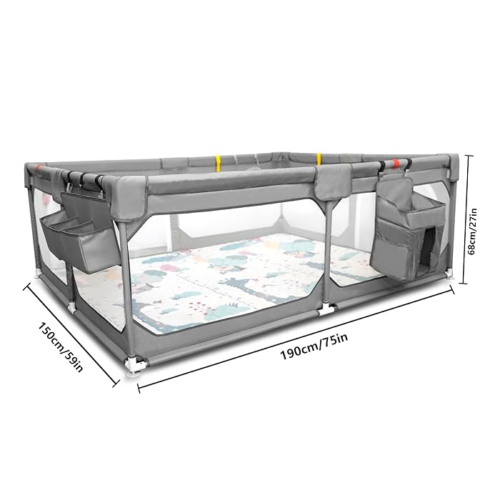 Baby Playpen with Mat 75"*59", Extra Large Playpen for Babies and Toddlers with Storage Bag, BPA-Free, Non-Toxic, Safe No Gaps Playards for Babies, Sturdy Safety Play Yard for Indoor Outdoor Fun, Grey