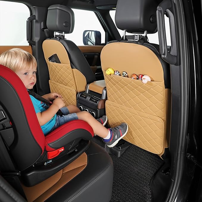 Seat Back Protector + Large Capacity Pocket Storage Organizer,Preventing the Impact of Children Stepping on the Seat Backrest (Brown)