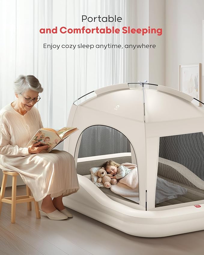 QPAU Inflatable Toddler Travel Bed with Tent, Baby Crib Tent, Portable Kids Air Mattress with Safety Bumpers, Ideal for Home, Grandma's, Camping, Traveling -Includes Fast Electric Pump (Khaki)