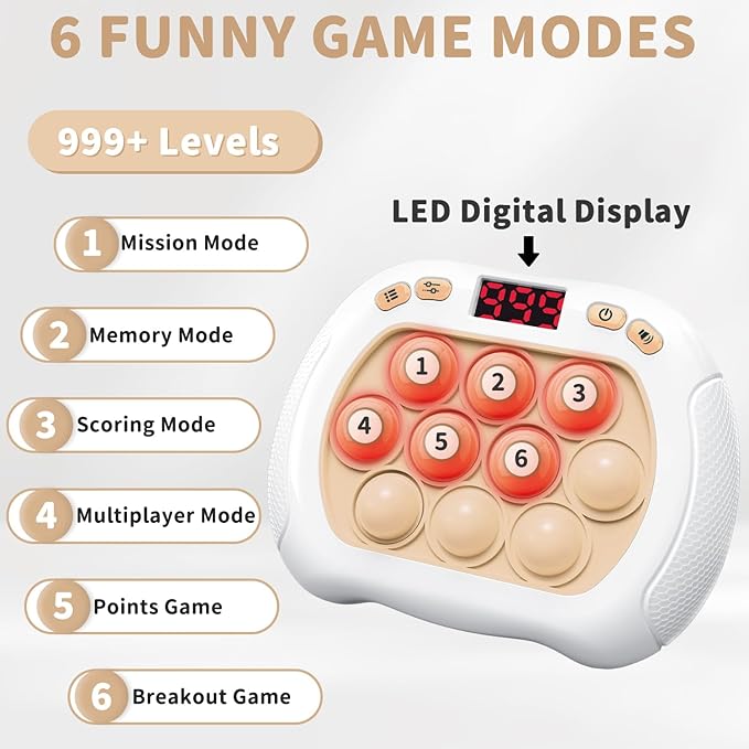 Pop Game Light Up Fidget Toy for Kids, 6 Modes LED Screen Quick Push Game Controller Electric Fidget Popper Car Games Quick Push Bubble Games Birthday Toys for Kids White