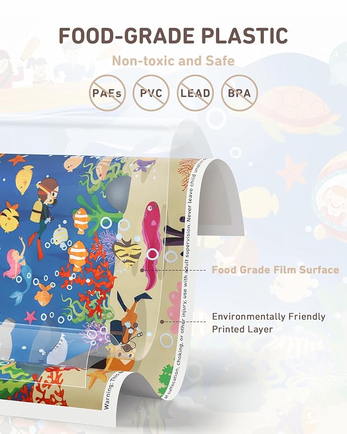 Babebay Disposable Stick-on Placemats 40 Pack for Baby & Kids & Toddler, Sticky Placemats Restaurant Table Mats 12" x 18" (Seabed Scuba)