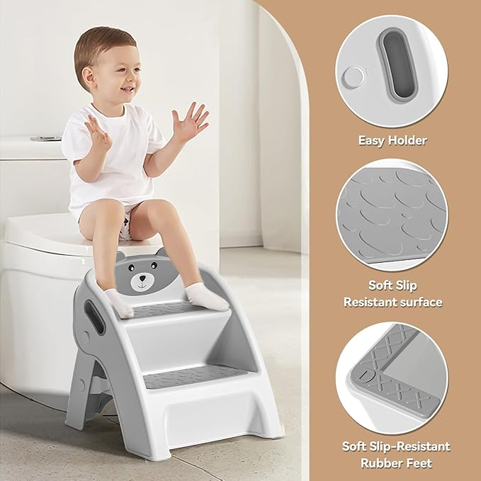TPN Toddler Step Stool for Bathroom Sink and Potty Training Durable Anti-Slip,Anti-Tip A-Frame,10-Second Assembly, 2-Step Potty Stool with Wide Steps (Gray)