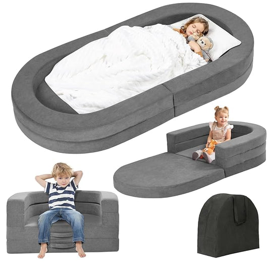 Travel Toddler Bed, 3-in-1 Portable Foldable Toddler Chair,Soft Foam Floor Bed Lounger with Washable Cover,Grey
