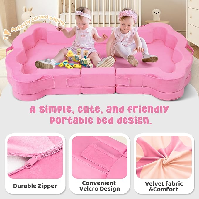 Foldable Portable Toddler Travel Bed,Toddler Floor Bed with Washable Cover for Kids,Soft and Safe (Pink)