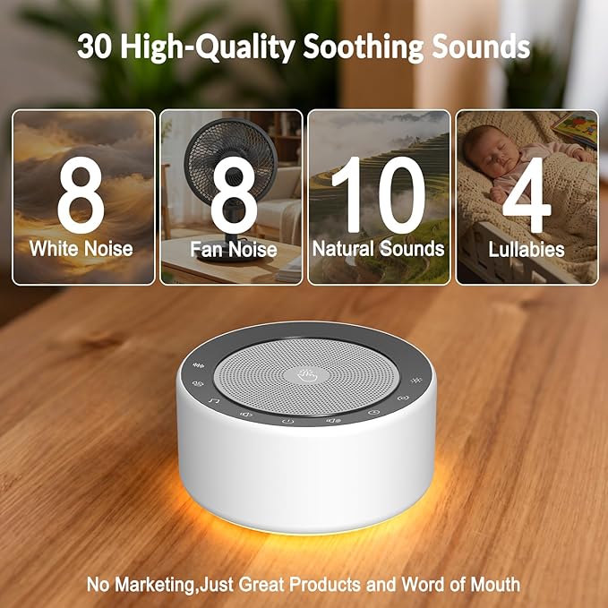 Kipcush White Noise Sound Machine with Nursery Lamp, Mood Lighting, 7 Colour Night Light, 30 Soothing Sounds for Baby/Adult. Timer, Plug in, Memory Function, Touch Control