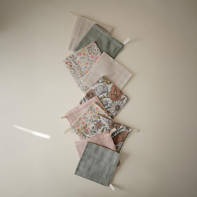 mushie Muslin Organic Cotton Washcloths 5-Pack (Retro Flowers Combo) | Soft Wipes for Baby Cleanups and Bathing