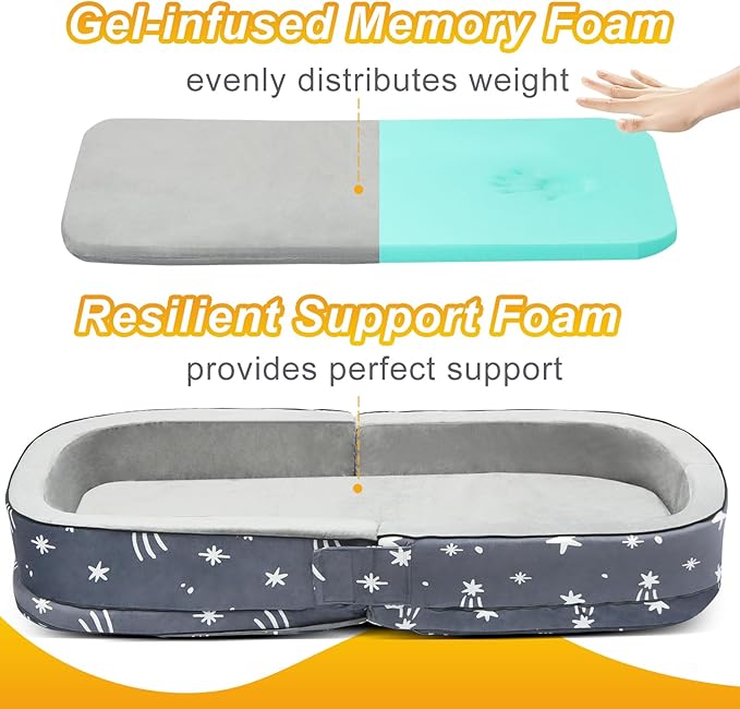 Portable Toddler Travel Bed, Foldable Kids Floor Bed for Home/Travel with Foam Mattres, Toddler Cot for Kids Aged 1-4, Velvet Fabric