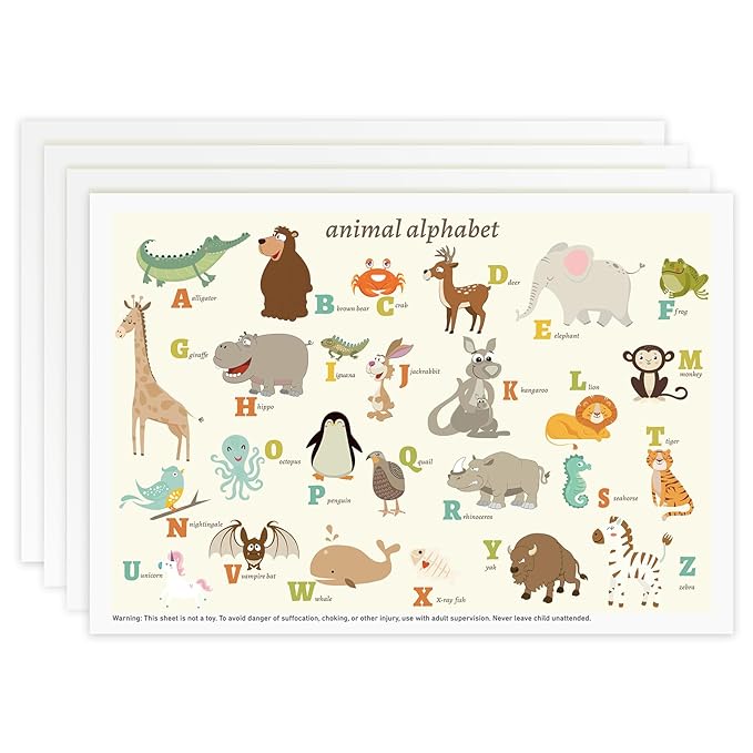 Babebay Disposable Stick-on Placemats 60 Pack for Baby & Kids & Toddler, Sticky Placemats Restaurant Table Mats 12" x 18" (Animal Alphabet)