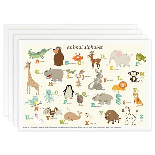 Babebay Disposable Stick-on Placemats 60 Pack for Baby & Kids & Toddler, Sticky Placemats Restaurant Table Mats 12" x 18" (Animal Alphabet)