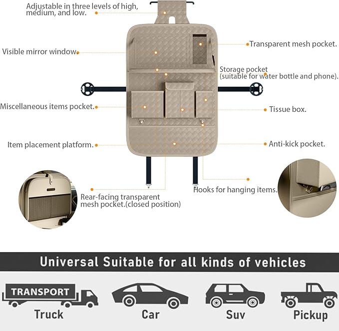 Car Seat Organizers,Multi-functional Back Seat Protectors, Storage Pouches, and Tray Holders (for Cars, Kids, Seat Back and Rear Seats) (Woven Beige, 2 Pcs)