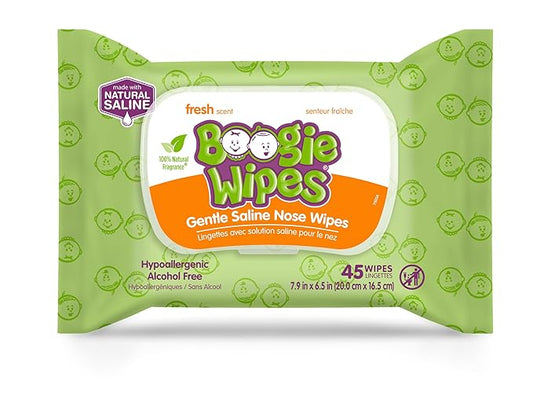 Saline Nose Wipes by Boogie, for Baby & Kids, Face, Hand & Body, FSA/HSA Eligible, Made with Vitamin E, Aloe, and Natural Saline, Fresh Scent, 45 Count (Pack of 1)