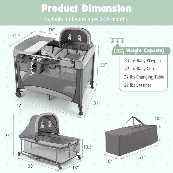 HONEY JOY Pack and Play with Bassinet, 5 in 1 Portable Baby Playard w/Changing Table, Removable Infant Full-Size Bassinet & Mattress, Diaper Storage Bag, Foldable Newborn Nursery Center w/Carry Bag
