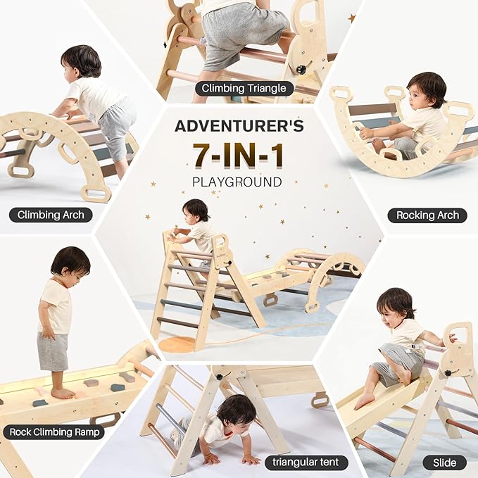 BlueWood Pikler Triangle Set 7in1 Foldable Baby Climbing Toys Wooden Montessori Climbing Set with Arch&Ramp&Ladder Baby Climber Indoor Jungle Gyms for Toddlers Montessori Toys - Mauve Pink