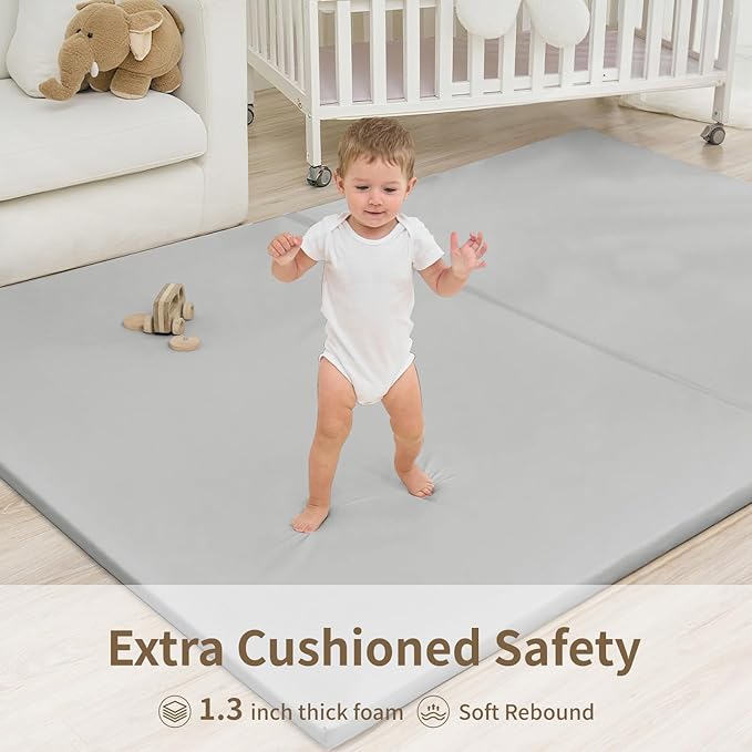 Large Vegan Leather Baby Play Mat for Floor,1.3"Thick Foam 59x82 Foldable Waterproof Kids Play Mat,Stylish and Just Wipe-Clean Playmat for Baby Play on Floor (Grey)