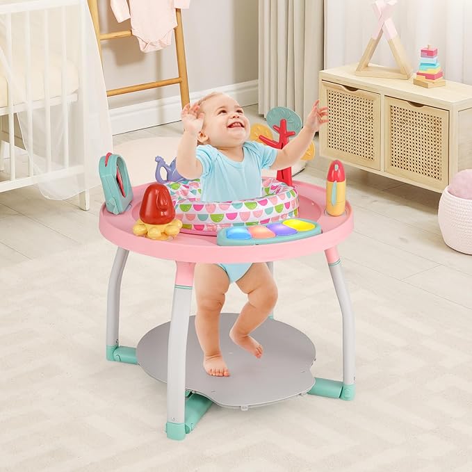 BABY JOY 5 in 1 Baby Activity Center, Baby Jumpers and Bouncers with Removable Toys, Lights & Music, 3 Adjustable Heights, Interactive Play Center for Toddlers Boys Girls 6-36 Months (Pink)