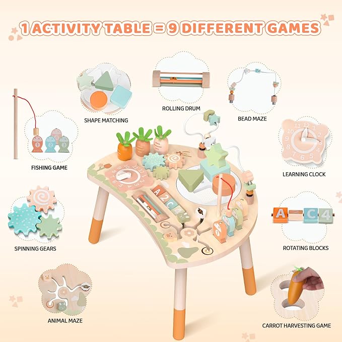 Activity Table for 1+ Year Old, 9-in-1 Montessori Wooden Sensory Play Table with Shape Sorter Fishing Game Bead Maze, Baby Activity Center Learning Toys for Toddler 12-18 Months