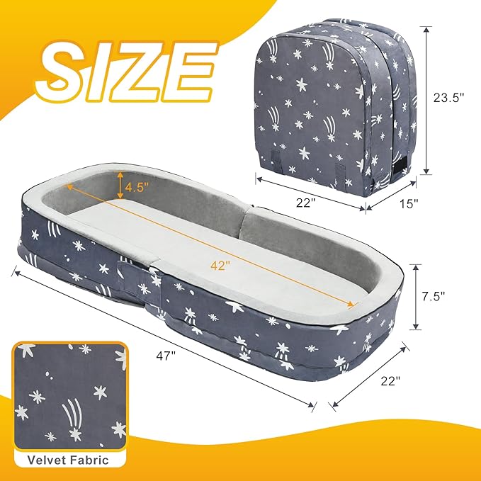 Portable Toddler Travel Bed, Foldable Kids Floor Bed for Home/Travel with Foam Mattres, Toddler Cot for Kids Aged 1-4, Velvet Fabric
