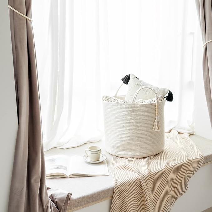 Mkono Woven Storage Basket Decorative Natural Rope Basket Wooden Bead Decoration for Blankets,Toys,Clothes,Shoes,Plant Organizer Bin with Handles Living Room Home Decor, White, 16" W × 13.8" L