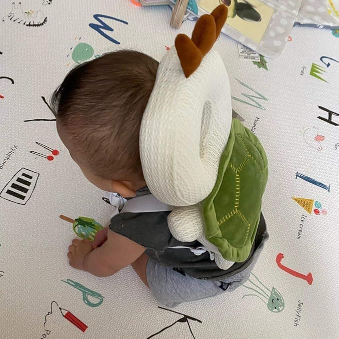 Bebamour Baby Walkers Head Protector Toddler Adjustable Baby Safety Pad Backpack Wear for Crawling with Safety Leash (White, Tortoise)