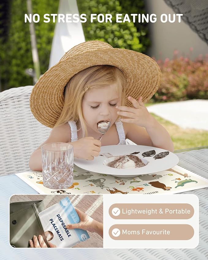 Babebay Disposable Stick-on Placemats 60 Pack for Baby & Kids & Toddler, Sticky Placemats Restaurant Table Mats 12" x 18" (Animal Alphabet)