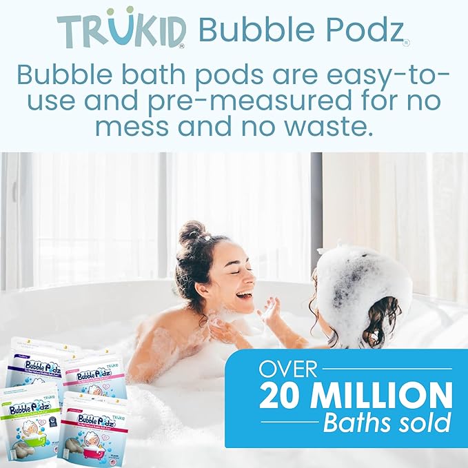 TruKid Bubble Podz Bubble Bath for Kids, Toddlers, & Babies, Tear Free Gentle & Refreshing Bath Bomb for Sensitive Skin with Natural Moisturizers, Non-Toxic, pH Balanced, Vanilla Scent (24 Podz)