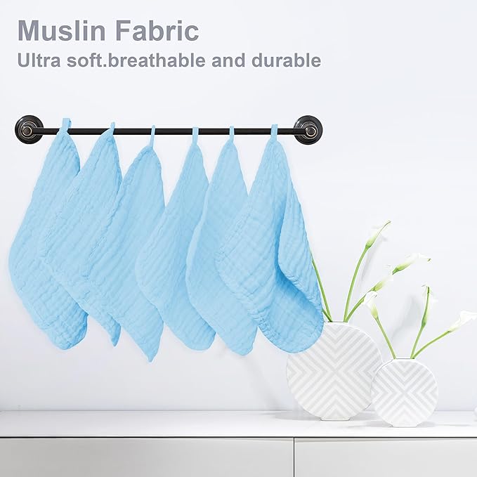 SWEET DOLPHIN 12 Pack Baby Muslin Washcloths - Soft Face Cloths for Newborn, Absorbent Bath Wash Cloths, Wipes, Burp Rag - Toddlers Essentials Stuff, Baby Registry as Shower -10"x10", Aquamarine