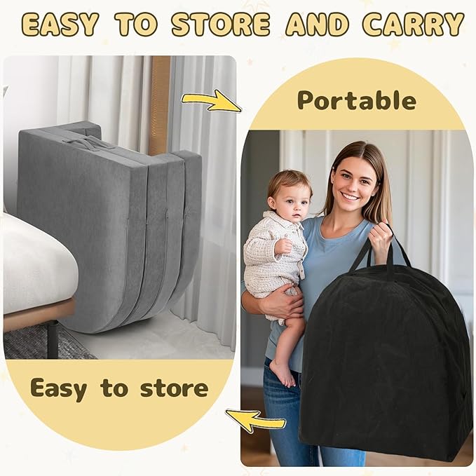 Travel Toddler Bed, 3-in-1 Portable Foldable Toddler Chair,Soft Foam Floor Bed Lounger with Washable Cover,Grey