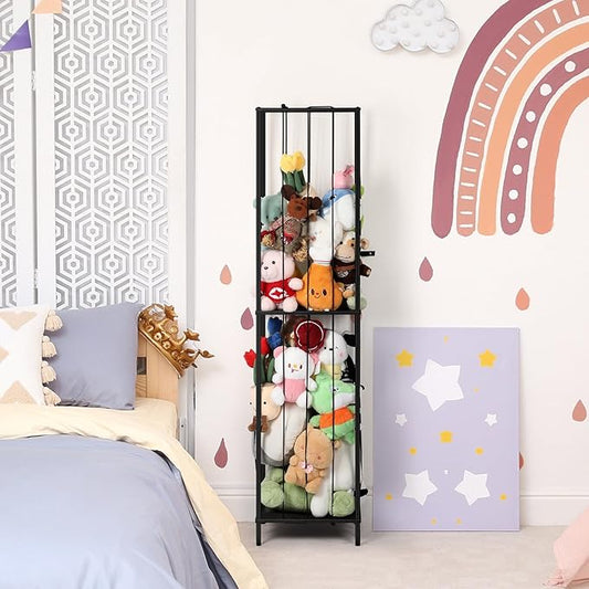 OYEAL Stuffed Animal Storage Zoo 64'' Kids Toy Ball Storage Organizer Metal Plushies Toy Storage Holder with Elastic Rope and Shelf for Playroom Birthday Gift for Bedroom Nursery, Black