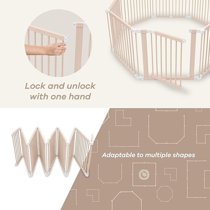 Comfy Cubs Baby Gate Playpen - 57 x 57 x 25 in, Extends Up to 228” - Pine Wood Foldable Playpen with Child-Proof Lock - Easy Assembly Baby Fence Play Area for Babies & Toddlers - Blush