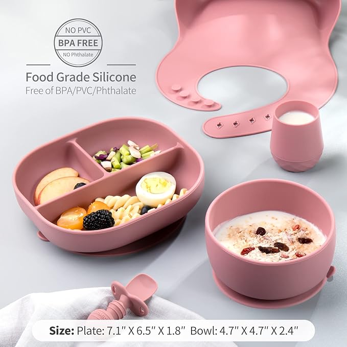 SAMiGO Silicone Baby Feeding Set, Baby Led Weaning Supplies, Suction Bowl Plate Bib Cup Self Feeding Spoons, Solid Food Eating Essentials, First Stage Utensils, 6+ Months