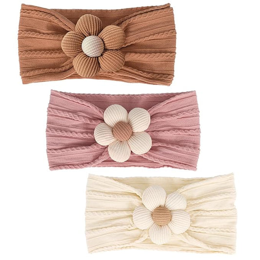 3 Pcs Baby Flower Headbands Baby Girls Nylon Headband Soft Hairbands Hair Accessories for Newborn Infant Toddler Kids (Yellow,Pink,Brown)