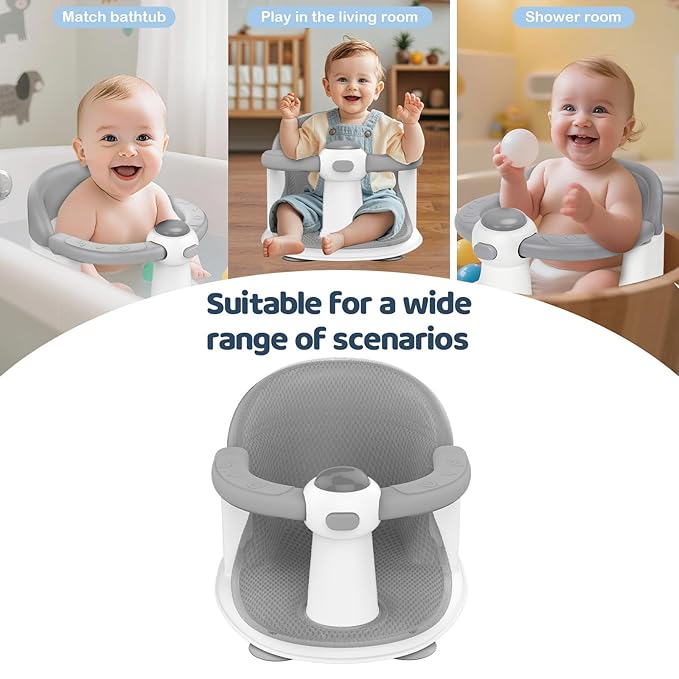Baby Bath Seat for Babies 6 Months & up, Soft Cushion, Non-Slip Baby Bath Seat, Safe & Comfortable Baby Bath Support, for Bathtub/Living Room/Shower Room (Grey)