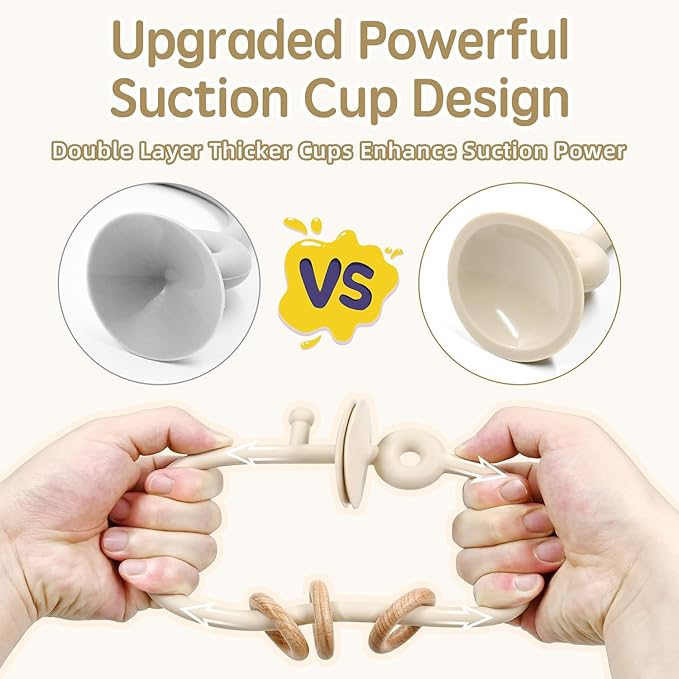 Baby Sensory Teething Chew High Chair Suction Toys for Infant Toddlers 6 12 18 24 Months, Food Grade Silicone Teether with Oak Loop Montessori Educational Baby Bath Toy Gifts (Beige)
