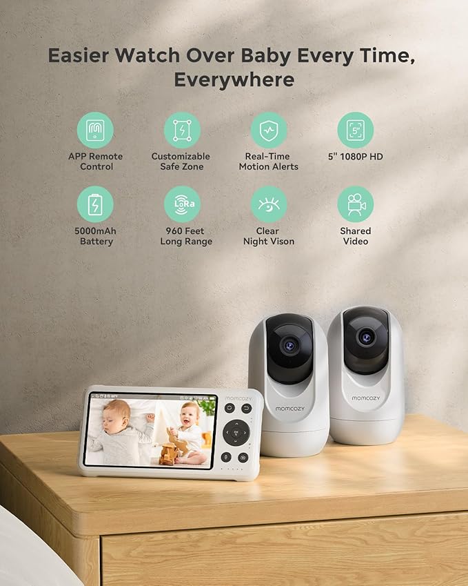 Momcozy BM04 Smart WiFi Baby Monitor with 2 Cameras, 5'' 1080P Split Screen Video Baby Monitor with Camera and Audio, Clear Night Vision, 5000mAh Battery, 2-Way Audio