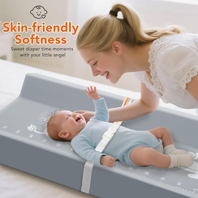 juman Vegan Leather Baby Changing Pad, Waterproof & Wipeable Changing Pad with Infant Height Ruler & Safety Strap, Portable Soft Diaper Changing Mat for Dresser & Table, 31 x 16 inch
