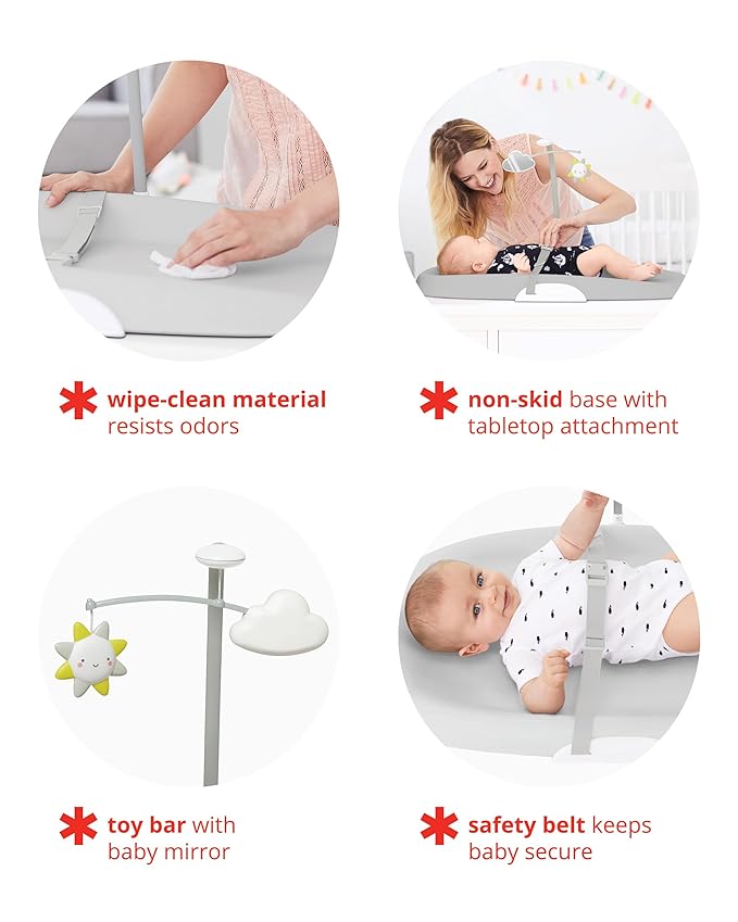 Skip Hop Baby Changing Pad Nursery Style Wipe-Clean Contoured with Cushioned Foam, Non-Skid Base, Built-in Safety Belt & Tuck-Away Toy Bar, Grey