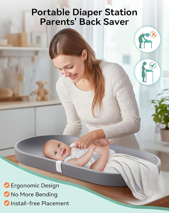 COMOMY Baby Changing Pad for Dresser - Wipeable Changing Pad with Restraining Belt, Waterproof, Soft, Lightweight and Portable, Easy to Clean for On The Go Diaper Change, Grey