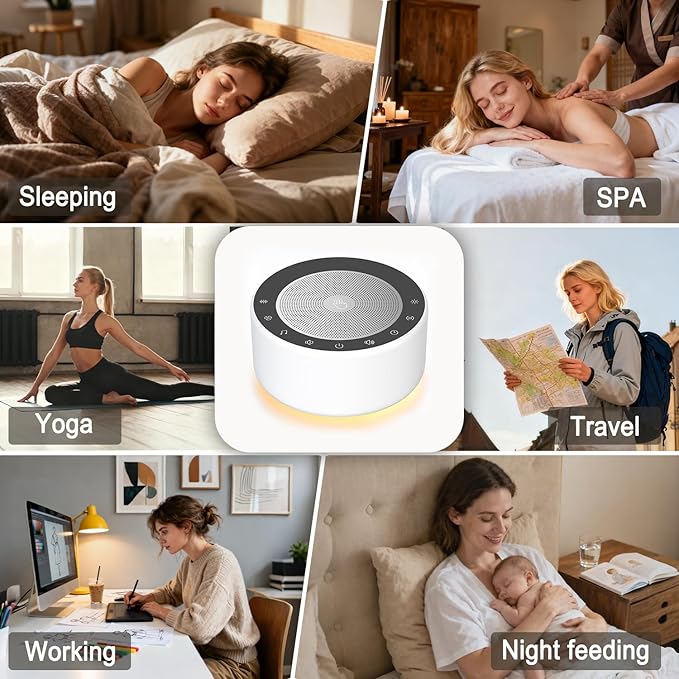 Kipcush White Noise Sound Machine with Nursery Lamp, Mood Lighting, 7 Colour Night Light, 30 Soothing Sounds for Baby/Adult. Timer, Plug in, Memory Function, Touch Control