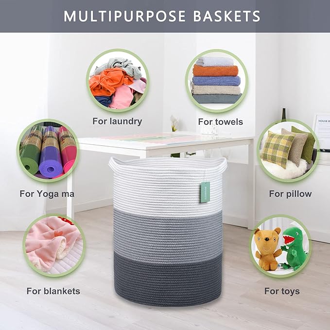 Large Laundry Hamper for Girls Boys Kids 72L, Nursery Hamper, Tall Laundry Basket, Cotton Rope Woven Blanket Basket for Storage Toys Clothes Towels, 16”x 22”, White & Gray